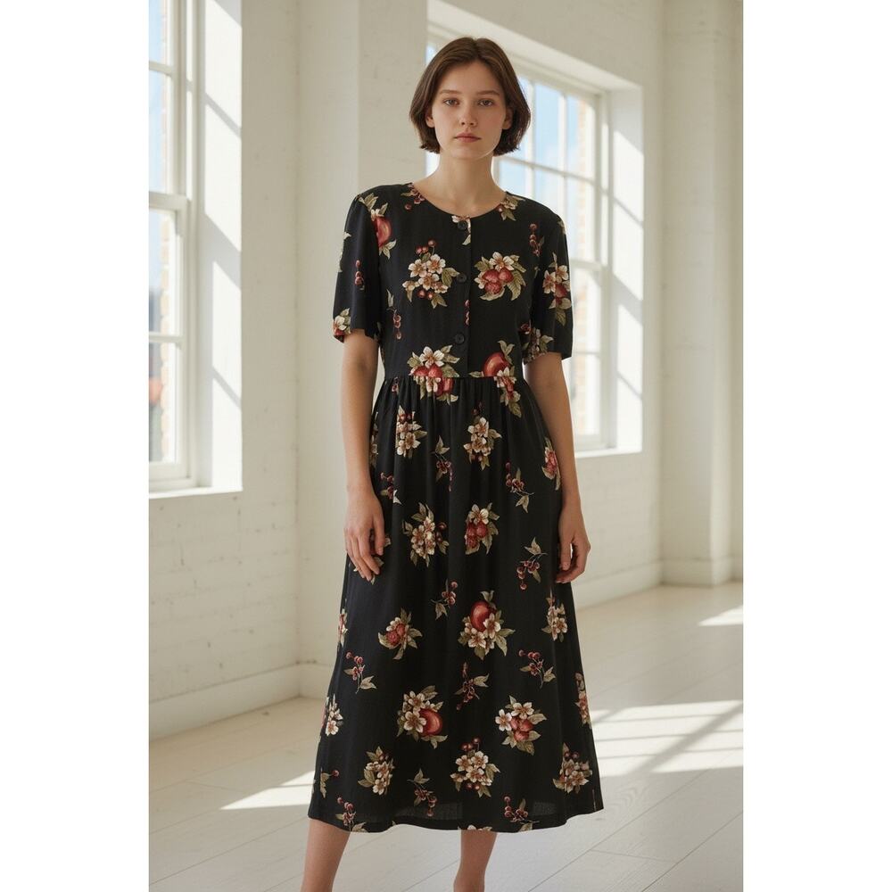 Vintage 90s Fruit Print Shirt Jumper Maxi Dress S Cherries Apple Teacher Cottage